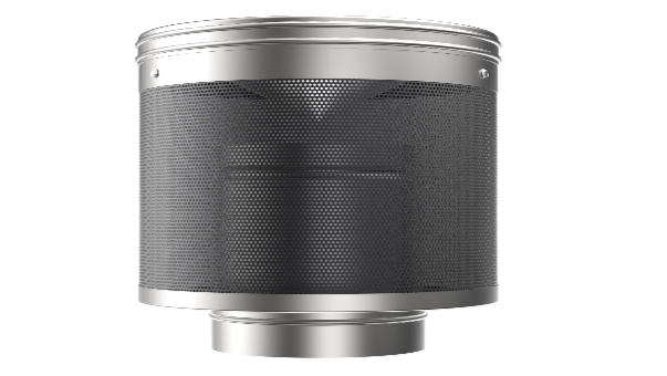 A cylindrical stainless steel roof vent with a mesh screen and flue connection designed for 200mm roof Flumes: Kitchen and BBQ Rangehoods.
