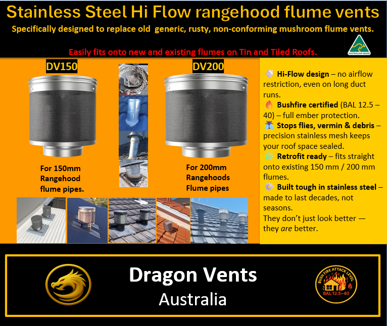 Dragon Vents Australia's roof vent collection, including high-flow stainless steel, low-profile, and tiled roof flume vents