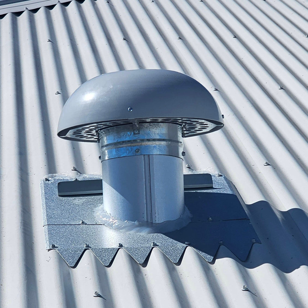 A 200mm Adjustable Zincalume Roof Flume mounted on a corrugated metal roof.