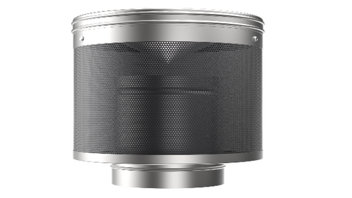 A cylindrical stainless steel roof vent with a mesh screen and flue connection designed for 200mm roof Flumes: Kitchen and BBQ Rangehoods.
