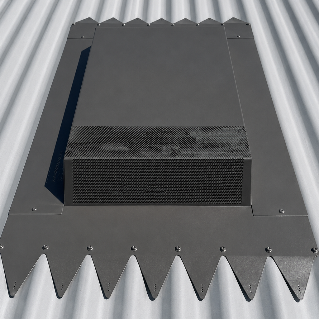 Australian designed low profile roof vent for kitchen rangehood exhaust on a metal roof.