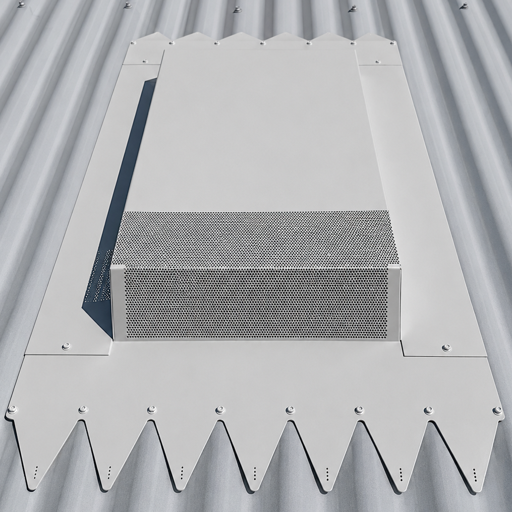 Dragon Vents DV350LP low profile Colorbond roof vent installed on a corrugated metal roof for high-flow kitchen rangehood ventilation.