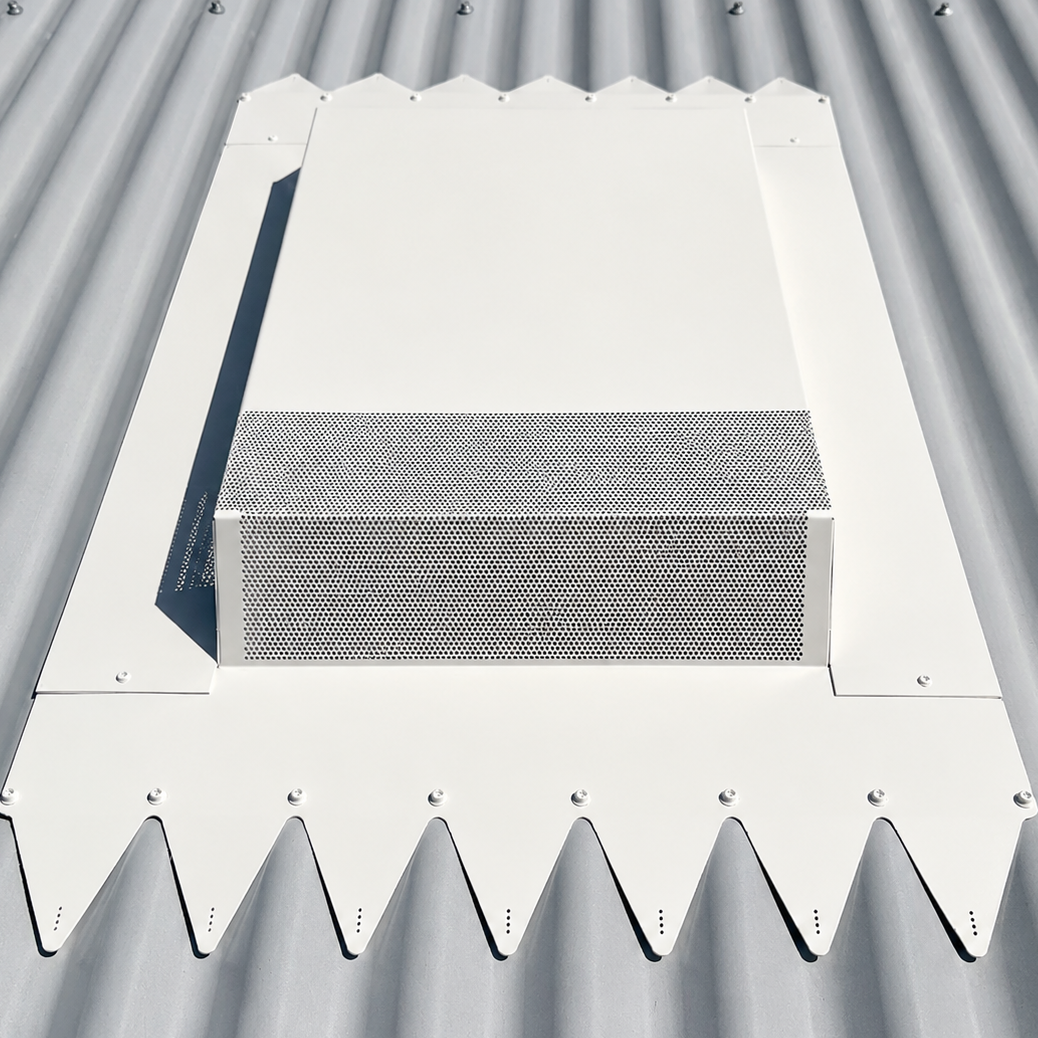 Dragon Vents DV350LP low profile Colorbond roof vent installed on a corrugated metal roof for high-flow kitchen rangehood ventilation.