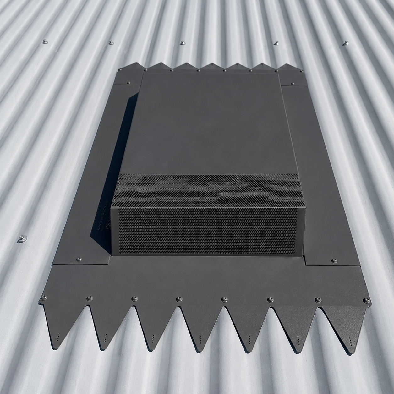 Dragon Vents DV350LP low profile Dover Whiteroof vent installed on a corrugated Colorbond roof for high-flow kitchen rangehood ventilation.