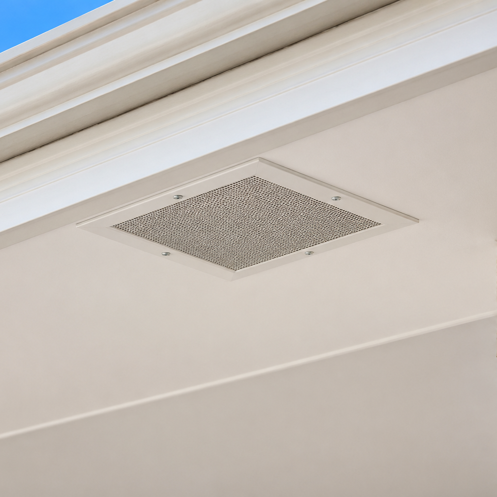 White Dragon Vents EV350PV passive eaves vent installed in a house eave for natural roof cavity ventilation.
