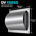 Dragon Vents Australia DV150SS 150mm stainless steel wall vent for 150mm  kitchen and BBQ rangehood exhaust systems. 