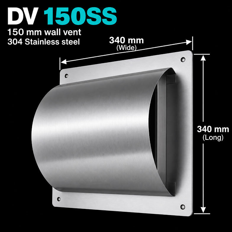 Dragon Vents Australia DV150SS 150mm stainless steel wall vent for 150mm  kitchen and BBQ rangehood exhaust systems. 