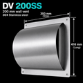 Dragon Vents Australia DV200SS 200mm stainless steel wall vent for kitchen and BBQ rangehoods. Compatible with Schweigen, Artusi, Whispair, Beefeater and Falmec 200mm ducted systems.
