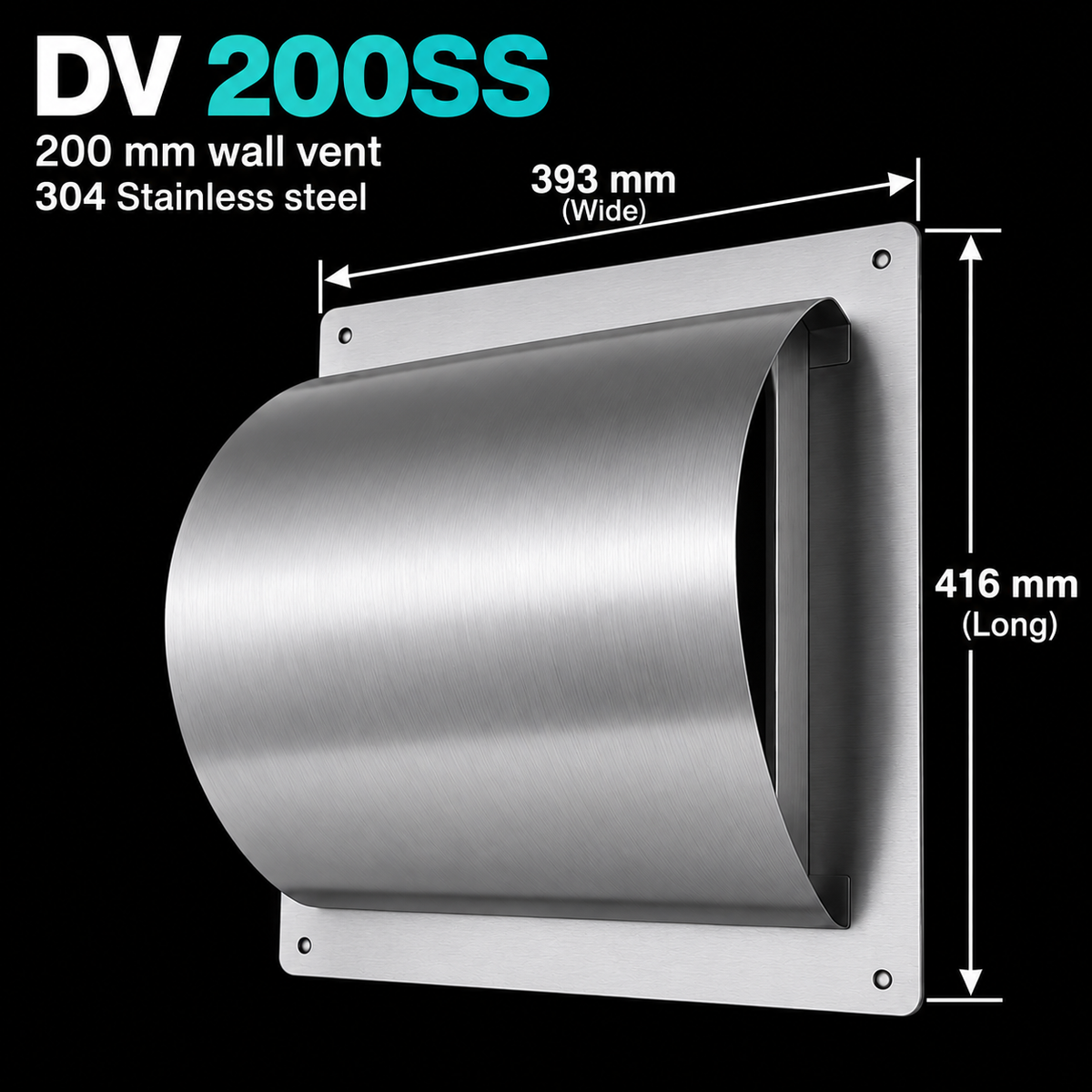 Dragon Vents Australia DV200SS 200mm stainless steel wall vent for kitchen and BBQ rangehoods. Compatible with Schweigen, Artusi, Whispair, Beefeater and Falmec 200mm ducted systems.